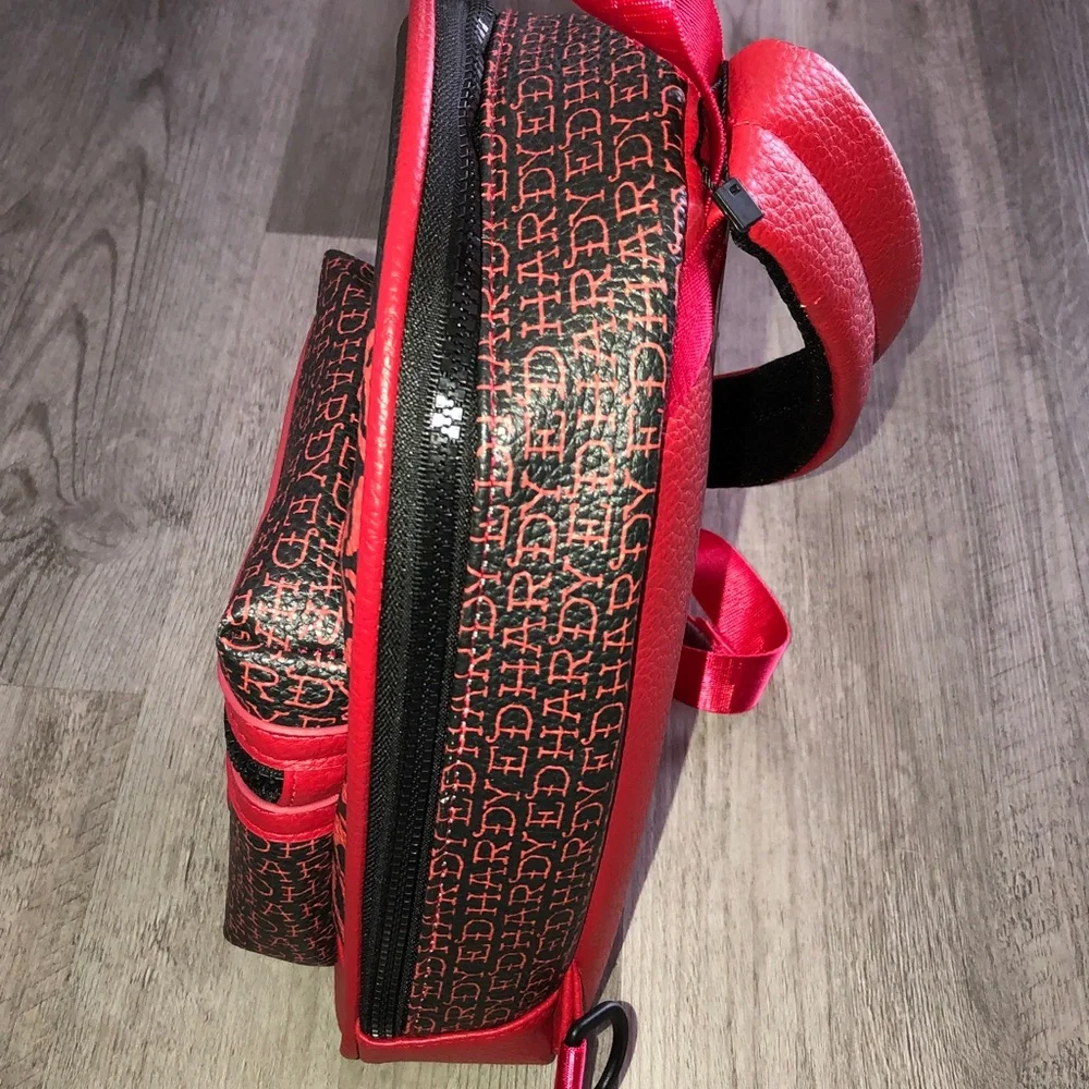 Ed Hardy Red & Black Faux Leather Cat Out Of Hell Unisex Sling Backpack NWT